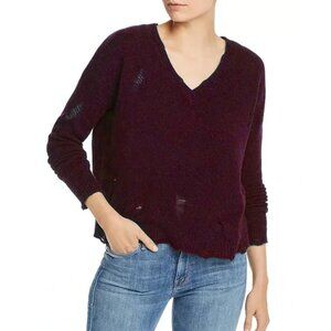 Aqua Burgundy Cashmere Distressed VNeck Sweater Size S